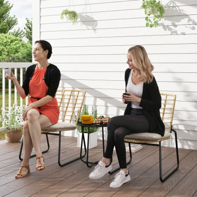 Outsunny 3-teiliges Gartenmöbel-Set, 2 Rattan-Stühle, 1 Tisch mit Metallplatte, Sitzkissen, Bistro-Set, Beige & Braun