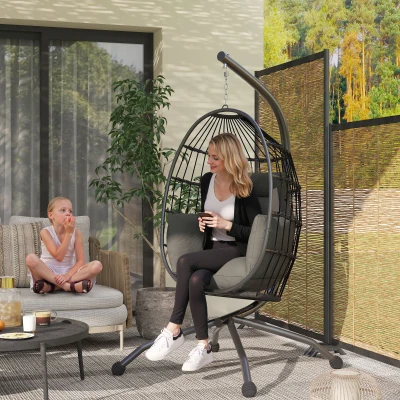 Outsunny Silla Colgante con Soporte Cesta Plegable Cojín y Reposacabezas para Interior y Exterior Carga 120 kg Negro