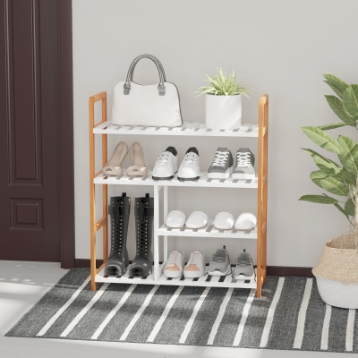 HOMCOM Sapateira multiuso com 4 níveis Máximo 11 pares com compartimento para botas altas Prateleira para sapatos Madeira maciça de pinho 68x26x78 cm Branco