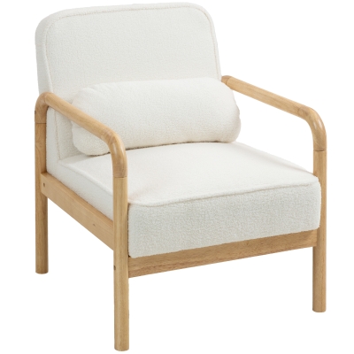 HOMCOM Accentstoel, Gevoerde Stoel met Stoffen Bekleding, Rubberhouten Frame, Moderne Stoel met Kussen, Wit