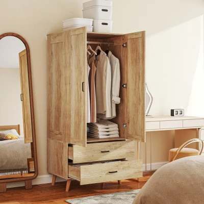 HOMCOM Modern Wardrobe with 2 Drawers & Hanging Rail Natural