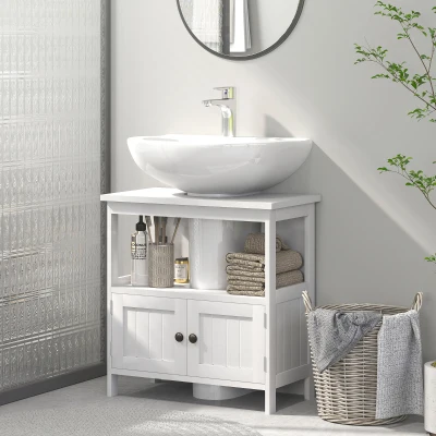 kleankin Meuble sous lavabo - meuble de salle de bain - 2 portes rainurées avec étagère ouverte - poignées alliage aluminium - 60 x 30 x 60 cm - MDF blanc
