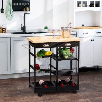 HOMCOM Carrinho de Cozinha  com Rodinhas com Prateleira e Gaveta 74x37x76cm Preto