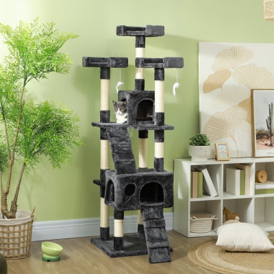 PawHut Albero Tiragraffi per Gatti con 3 Posatoi 2 Casette Grigio