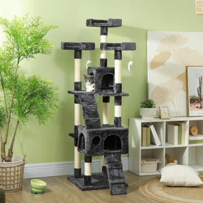 PawHut Albero Tiragraffi per Gatti con 3 Posatoi 2 Casette Grigio