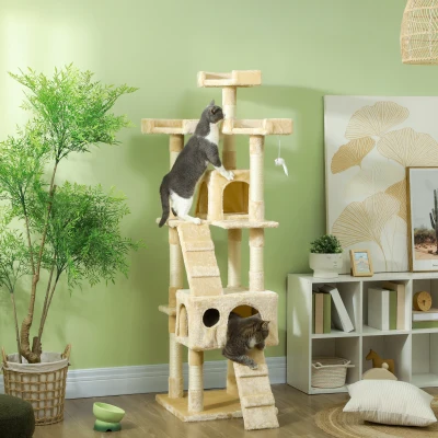 PawHut Árbol Rascador para Gatos Grande 49x49x173 cm con Múltiples Niveles con Cuevas Escaleras Juguetes Colgantes Camas Centro Actividades Sisal Beige