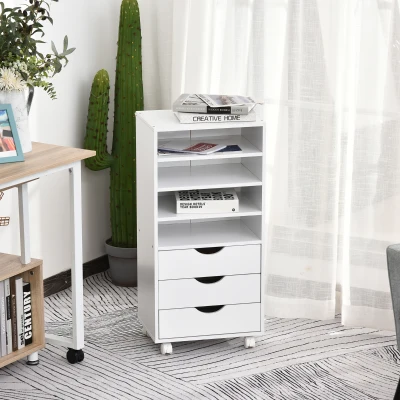 Vinsetto Móveis de escritório com 3 gavetas 4 prateleiras abertas 4 rodas 40x30x83 cm Branco