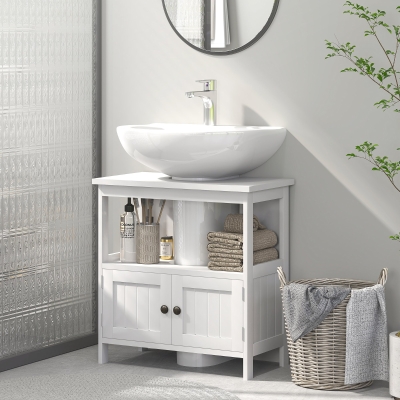 kleankin Mueble para Debajo del Lavabo con 2 Puertas y Estante Abierto Mueble para Lavabo con Pie 60x30x60 cm Blanco
