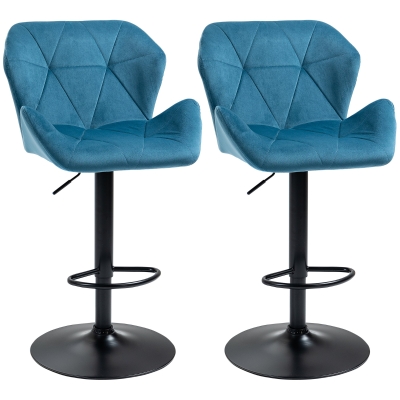 HOMCOM Velvet Bar Stools Set of 2 Swivel Adjustable Blue