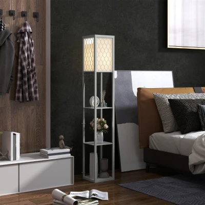 HOMCOM Floor Lamp with 4-Tier Wooden Shelves Light Grey