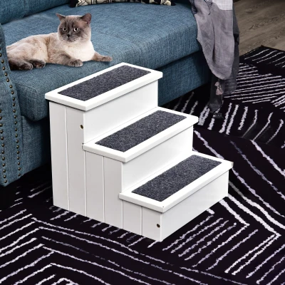 PawHut Escada para Animais de Estimação de 3 Degraus com Armazenamento e Tapete Antiderrapante 40,5x44,5x38 cm Branco