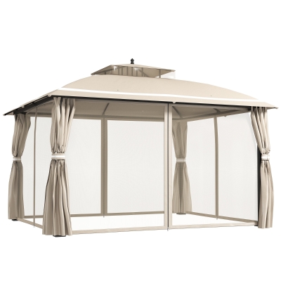 Outsunny Carpa de Exterior con Techo Doble Cenador con Mosquiteras y Cortinas para Jardín y Terraza 370x303x290 cm Beige