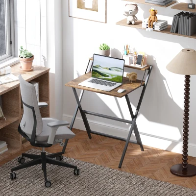 HOMCOM Folding Computer Desk with Monitor Shelf Rustic Brown