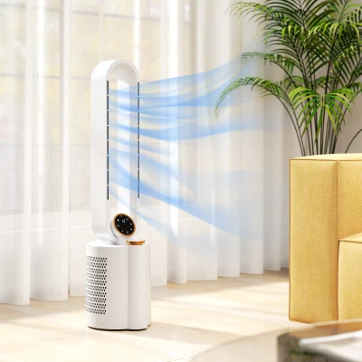 HOMCOM Ventilador de Torre sin Aspas con Humidificador Luz UV Oscilación y Mando a Distancia 24x26,5x97 cm Blanco