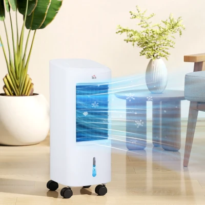 HOMCOM Enfriador de Aire 3 en 1 con Depósito de 7L Modos Ajustables Temporizador Control Remoto y Ruedas 30x30,5x73,5 cm Blanco