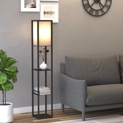 HOMCOM Candeeiro de Pé de Madeira com 3 Prateleiras De Armazenamento para Lâmpada E27 Potência Máx. 40W Candeeiro Moderno para Sala de Estar Dormitório 26x26x160cm Preto