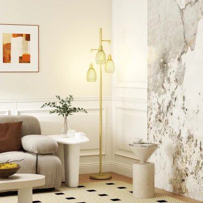 HOMCOM Industrial 3-Light Floor Lamp Gold 170cm