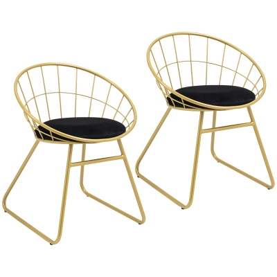 HOMCOM Dining Chairs Set of 2 Metal Wire Gold Velvet Cushion