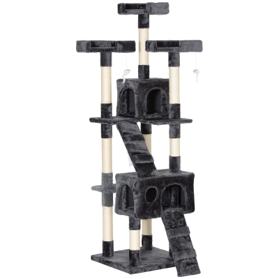 PawHut Árbol Rascador para Gatos Grande 49x49x173 cm con Múltiples Niveles con Cuevas Escaleras Juguetes Colgantes Camas Centro Actividades Sisal Gris