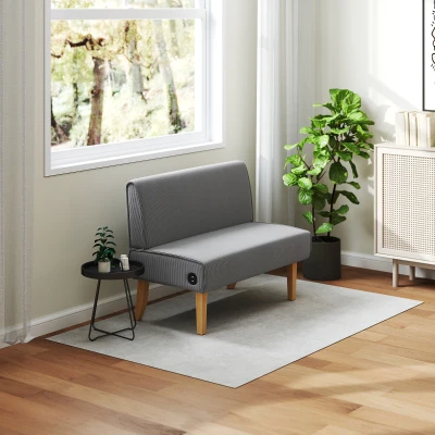 HOMCOM Sofá de 2 Plazas Tapizado en Pana con 2 Puertos USB 1 Puerto Tipo-C y Patas de Madera Carga 220 kg 110x60x85 cm Gris