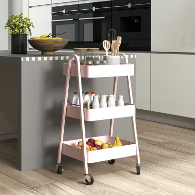 HOMCOM 3-Tier Storage Trolley Pink