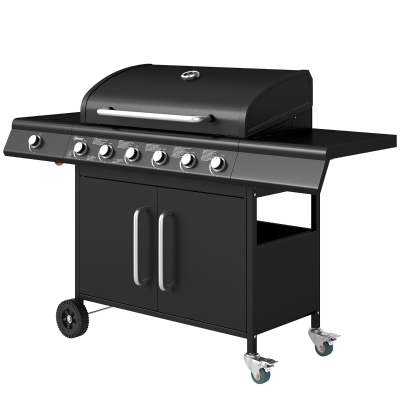 Outsunny Grill Gazowy na Kółkach z Przeszklonym Magazynkiem, Boczny Stół, Boczny Palnik, Półka Grzewcza, Termometr, Stal Nierdzewna, Czarny