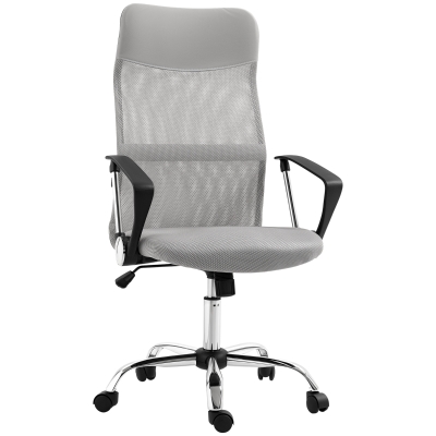 HOMCOM Silla de Oficina con Respaldo Curvo Reposacabezas y Ruedas Función Basculante y Giratoria 63x65x109-119 cm Gris Claro