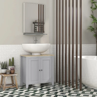 kleankin Under Sink Cabinet, Bathroom Sink Cabinet with 2 Doors, Pedestal Under Sink Design, Freestanding Bathroom Cupboard with Adjustable Shelf, Grey
