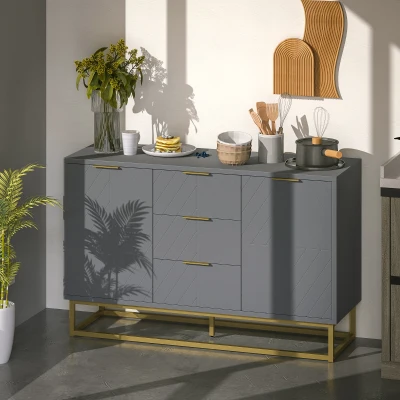 HOMCOM Aparador Auxiliar Armário de Armazenamento com 3 Gavetas e 2 Armários com Prateleira Ajustável 120x40x76 cm Cinza