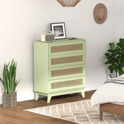 HOMCOM 4-Drawer Chest with Rattan Bedroom Light Green