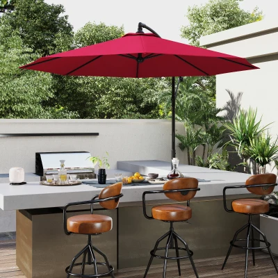 Outsunny Sombrilla de Jardín Ø295 cm Parasol Excéntrico Inclinable con Manivela Base Cruzada y Soporte de Acero Granate
