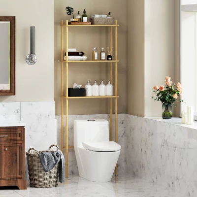 HOMCOM Bamboo Over Toilet Storage Unit with 3 Slatted Shelves, 3-Tier Freestanding Bathroom Shelf, Bathroom Space Saver, Natural Wood Finish