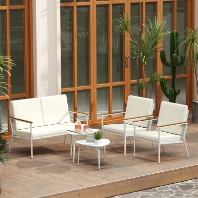 Outsunny Conjunto de Jardim de 5 Peças com 1 Sofá de 2 Lugares 2 Poltronas e 2 Mesas de Centro com Bancada de Vidro Creme