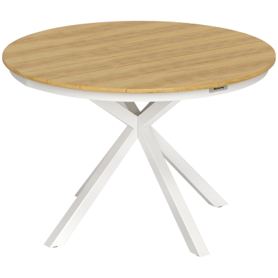 Outsunny Mesa de Jardim Redonda Mesa de Exterior Ø118x74 cm com Estrutura de Alumínio Pés Cruzados e Bancada em Ripas Madeira e Branco