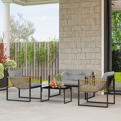 Outsunny Conjunto de Jardim de Vime Sintético de 4 Peças  Inclui Sofá de 2 Lugares 2 Poltronas 1 Mesa de Centro  Cinza e Madeira