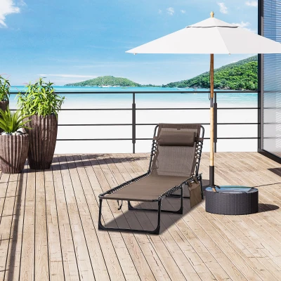 Outsunny Espreguiçadeira Dobrável de Jardim com Encosto Ajustável Apoio para Cabeça Acolchoado Bolso Lateral 185x58x30 cm Marrom