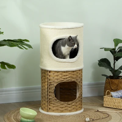 PawHut Kratztonne 80 cm Hoch Ø 40 cm dreistöckige Katzentonne mit Plüschrand, Katzenhöhle Cremeweiß