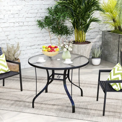 Outsunny Mesa de Jardim com Orifício para Chapéu de Sol Mesa de Refeição Exterior com Bancada de Vidro Ø96,5x71 cm Preto