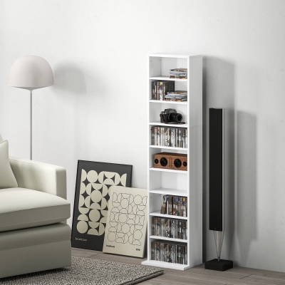 HOMCOM Estante para CDs e DVDs Suportes para CD Estreitos com 9 Compartimentos Prateleiras Ajustáveis 33x24x140 cm Branco
