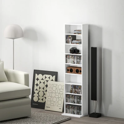 HOMCOM Estante para CDs e DVDs Suportes para CD Estreitos com 9 Compartimentos Prateleiras Ajustáveis 33x24x140 cm Branco