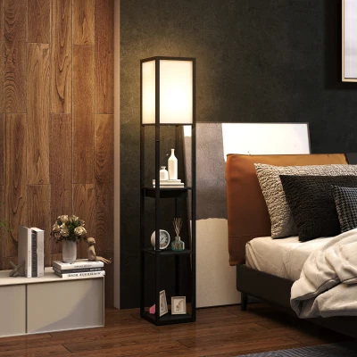 HOMCOM Stehlampe mit 3-stufigem Regal, Fußschalter, USB-Anschlüssen, MDF, Schwarz