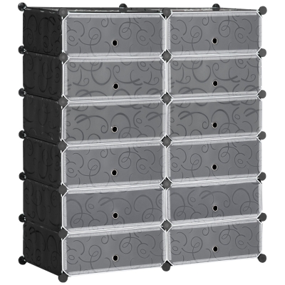 HOMCOM Armario Modular para Zapatos de Plástico con 12 Cubos Puertas y Conectores Diseño DIY para Entrada o Dormitorio Negro