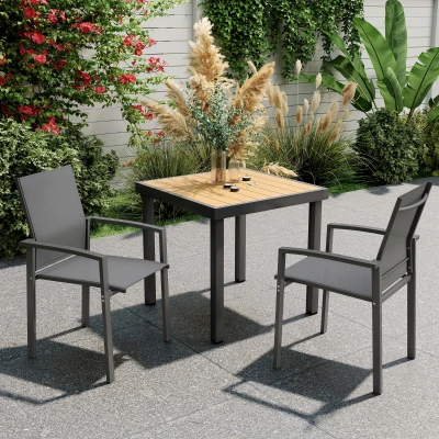 Outsunny Conjunto de 2 Cadeiras de Jardim Empilháveis com Tecido Transpirável e Estrutura em Aço 56x58x89 cm Cinzento Escuro
