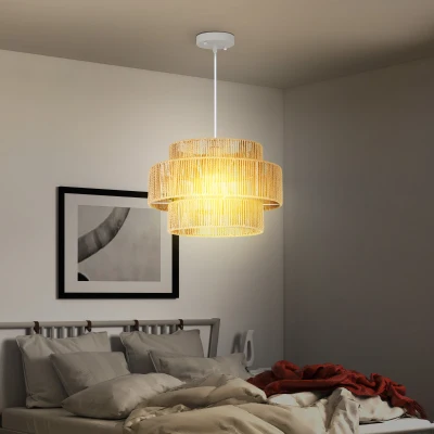 HOMCOM Lampa wisząca, abażur trójwarstwowy, metal, sznur lniany, Jasnobrązowy