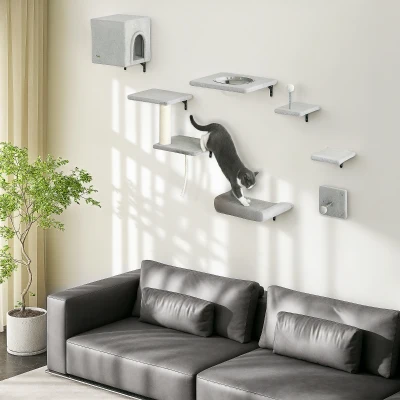 PawHut Kletterwand Katzen 7-teilig Katzen Kletterwand Set mit Katzenhaus, Plattform, Plattform Grau