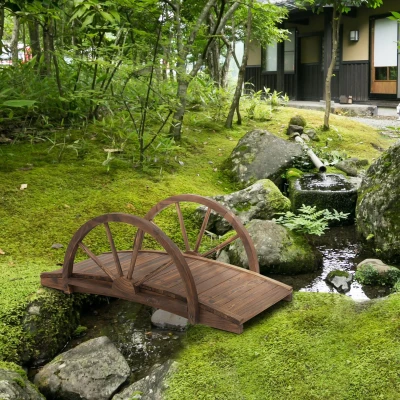 Outsunny Puente de Jardín de Madera 100x50x37 cm con Barandillas Puente de Arco para Decoración Patio Carga 150 kg Carbonizado
