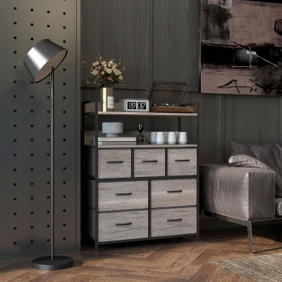 HOMCOM Commode 7 Tiroirs Tissu Pliable avec Étagères Gris