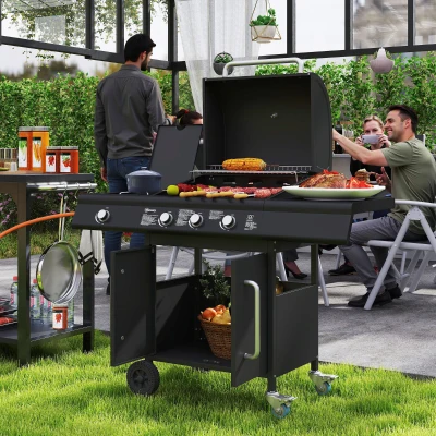 Outsunny Fahrbarer Gasgrill mit Stauraum, Seitentisch, Seitenbrenner, Warmhalterost, Thermometer, Edelstahl, Schwarz