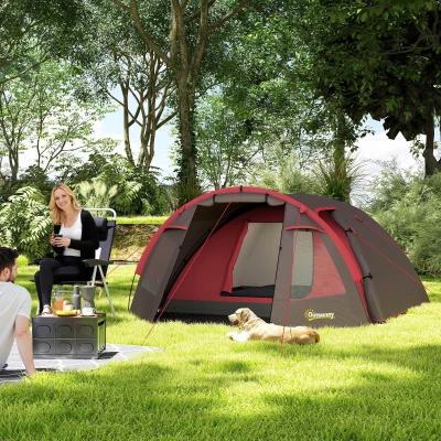 Cort de Camping pentru 2-4 Persoane cu 2 Camere, 360x250x130 cm, Gri