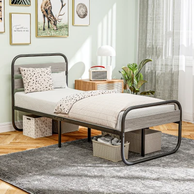 HOMCOM 3ft Single Bed Frame, Industrial Style Metal Platform Bed Frame with Under Bed Storage, No Box Spring Needed, Easy Assembly, Grey